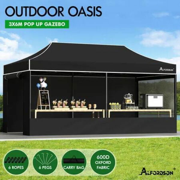 ALFORDSON Gazebo 6x3m Pop Up Marquee 600D Oxford Folding Camping Tent Black