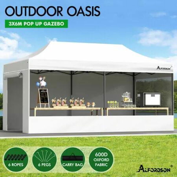 ALFORDSON Gazebo 6x3m Pop Up Marquee 600D Oxford Folding Camping Tent White