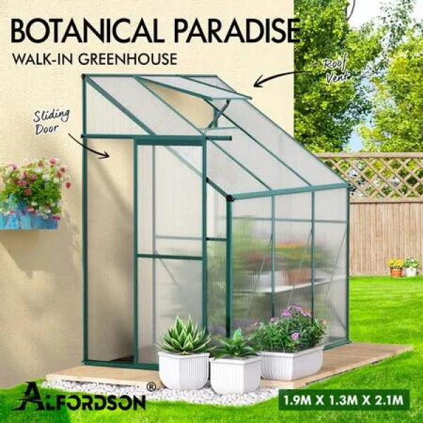 ALFORDSON Greenhouse Aluminium Polycarbonate Garden Storage Shed 1.9x1.3M