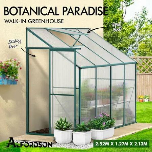 ALFORDSON Greenhouse Aluminium Polycarbonate Garden Storage Shed 2.52x1.27x2.13M