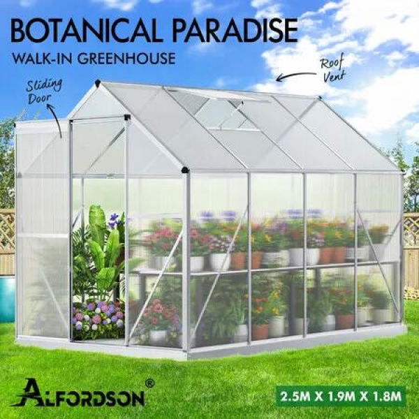 ALFORDSON Greenhouse Aluminium Polycarbonate Garden Storage Shed 2.5x1.9x1.8m