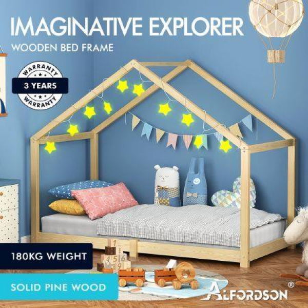 ALFORDSON Kids Bed Frame Wooden Timber Single House Frame Candice Oak