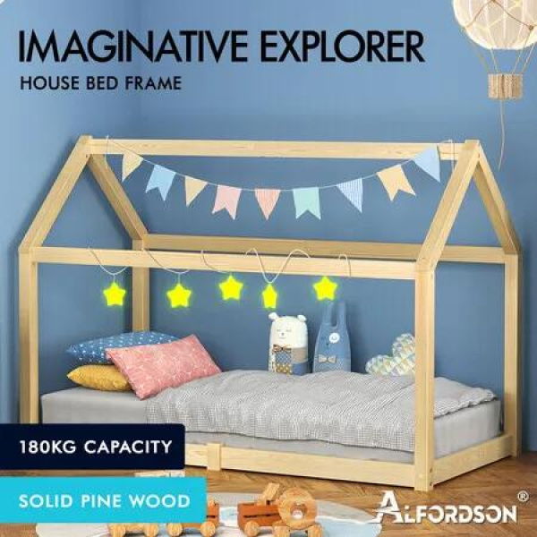 ALFORDSON Kids Bed Frame Wooden Timber Single House Frame Platform Bed Base Oak Rocco