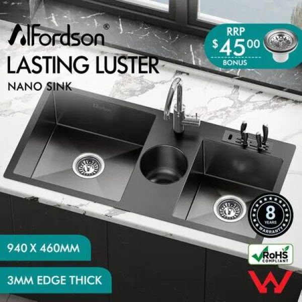 ALFORDSON Kitchen Sink Basin Stainless Steel Drop in Flush Mount 940X460MM Black