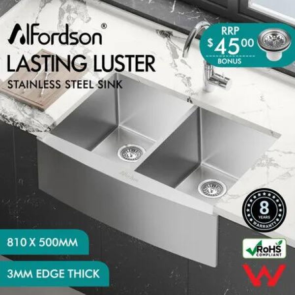 ALFORDSON Kitchen Sink Basin Stainless Steel Under Mount Double Bowl 810X500MM