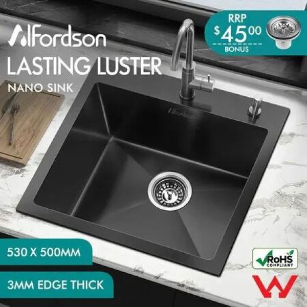 ALFORDSON Kitchen Sink Stainless Steel Drop in Flush Single Bowl 530X500MM Black