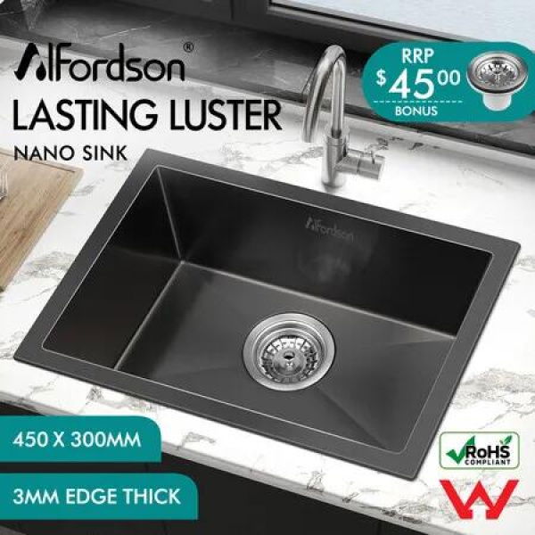 ALFORDSON Kitchen Sink Stainless Steel Drop in Flush Under Mount 450X300MM Black