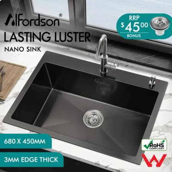 ALFORDSON Kitchen Sink Stainless Steel Drop in Flush Under Mount 680X450MM Black