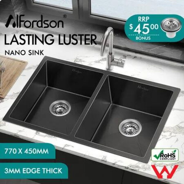 ALFORDSON Kitchen Sink Stainless Steel Drop in Flush Under Mount 770X450MM Black