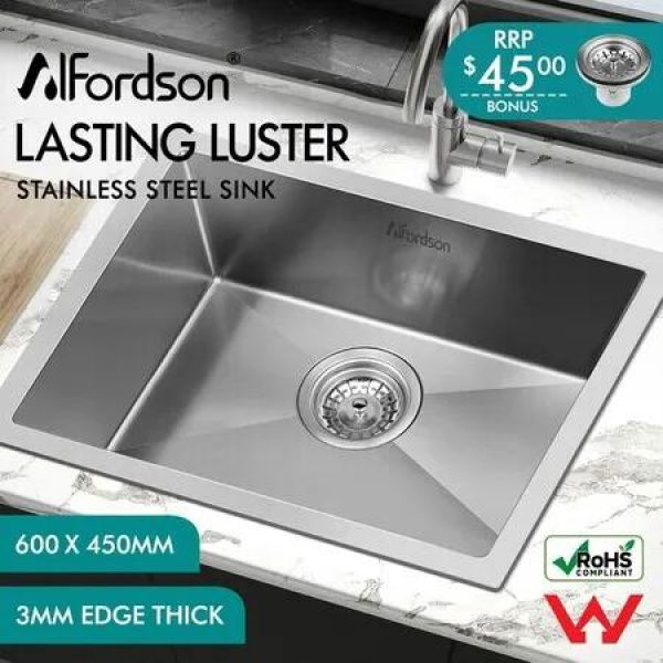 ALFORDSON Kitchen Sink Stainless Steel Drop in Flush Under Mount Bowl 600X450MM