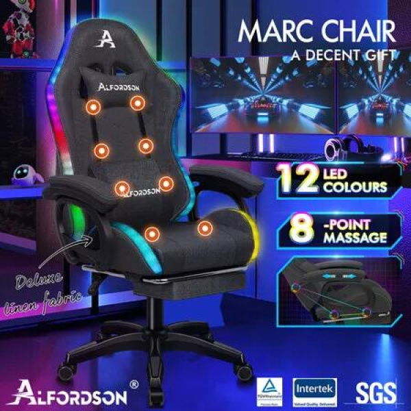 ALFORDSON LED Gaming Chair Office with 8-Point Massage Fabric Grey