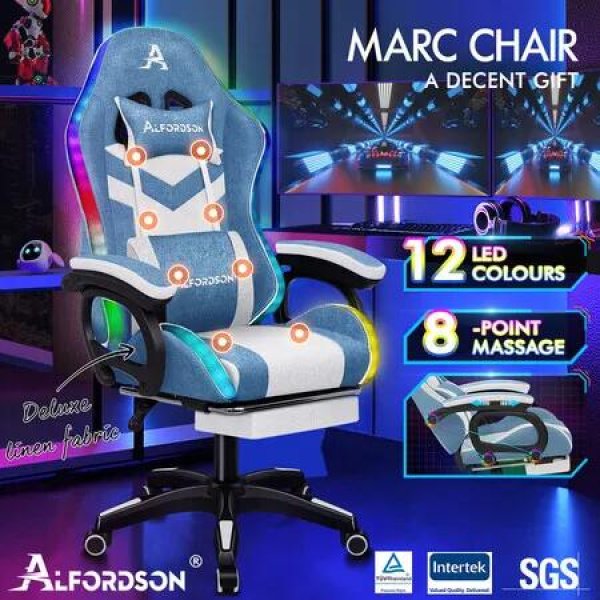 ALFORDSON LED Gaming Office Chair with 8-Point Massage Fabric Blue White