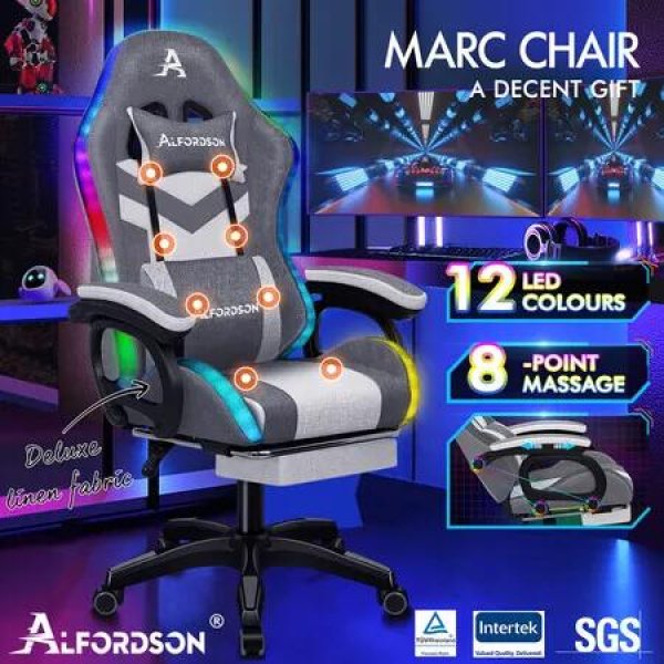 ALFORDSON LED Gaming Office Chair with 8-Point Massage Fabric Grey