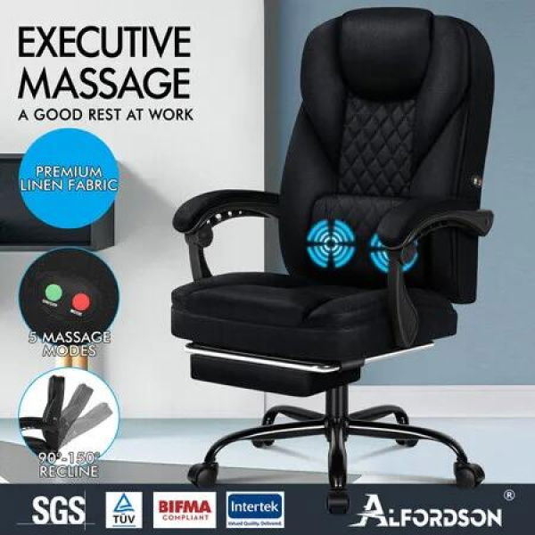 ALFORDSON Massage Office Chair Executive Recliner Gaming Computer Fabric Seat Black