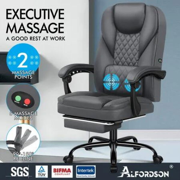 ALFORDSON Massage Office Chair Executive Seat Gaming Computer Leather Recliner Grey