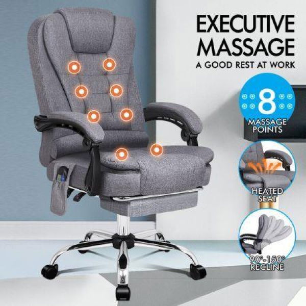 ALFORDSON Massage Office Chair Heated Fabric Seat Executive Gaming Racer Grey