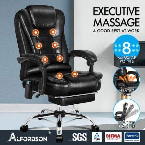 ALFORDSON Massage Office Chair Heated Seat Executive Gaming Racer PU Leather Black