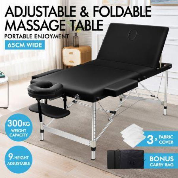 ALFORDSON Massage Table 3 Fold 65cm Foldable Portable Aluminium Lift Up Bed Desk Black