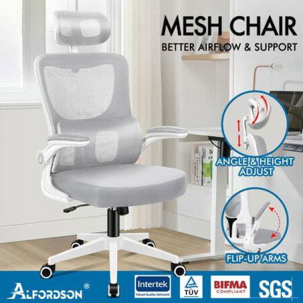 ALFORDSON Mesh Office Chair Executive Computer Tilt Fabric Seat Racing Work Grey & White