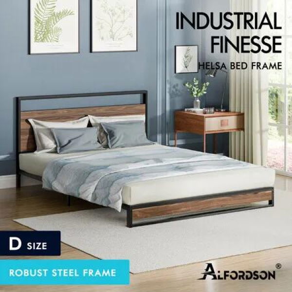 ALFORDSON Metal Bed Frame Double Size Industrial Platform Mattress Base Wood