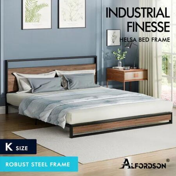 ALFORDSON Metal Bed Frame King Size Industrial Platform Mattress Base Wood