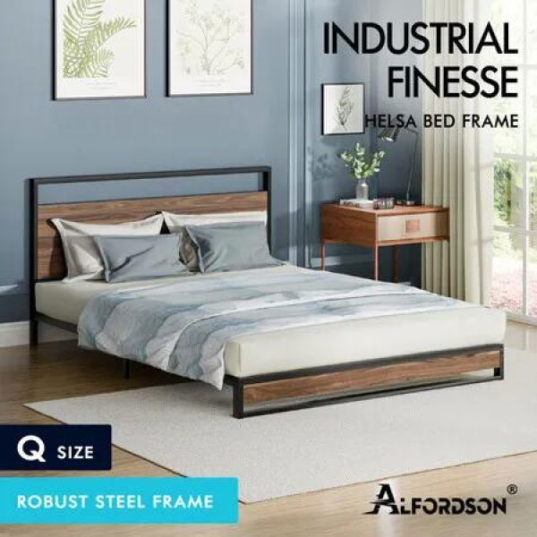 ALFORDSON Metal Bed Frame Queen Size Industrial Platform Mattress Base Wood