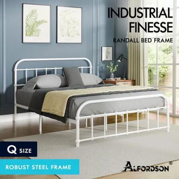 ALFORDSON Metal Bed Frame Queen Size Mattress Base Industrial Platform White