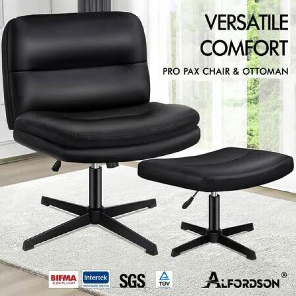 ALFORDSON Office Chair Computer Cross-legged Seat Work Ottoman PU Leather Black