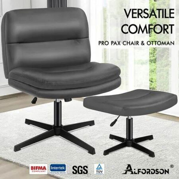 ALFORDSON Office Chair Computer Cross-legged Seat Work Ottoman PU Leather Grey