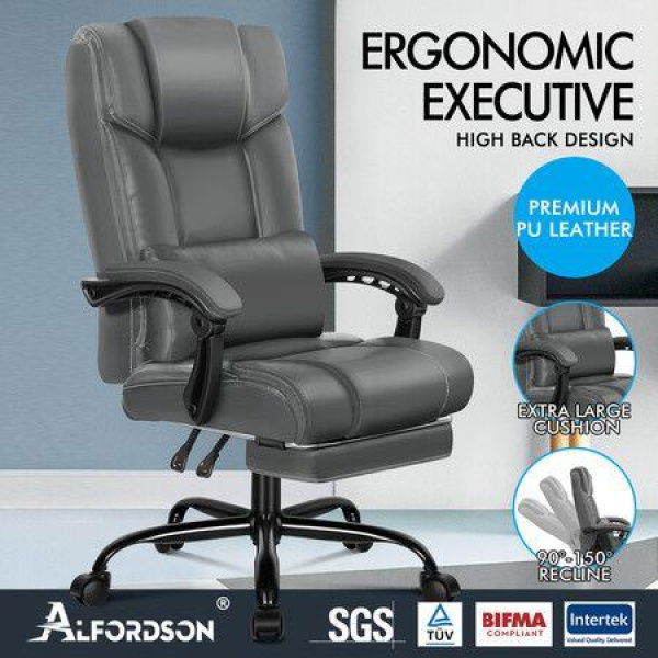 ALFORDSON Office Chair Executive Computer Gaming PU Leather Seat Recliner Grey