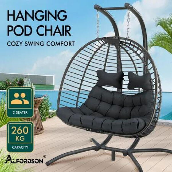 ALFORDSON Outdoor 2 Seater Egg Chair Wicker Rattan Pod Hanging Swing Dark Grey