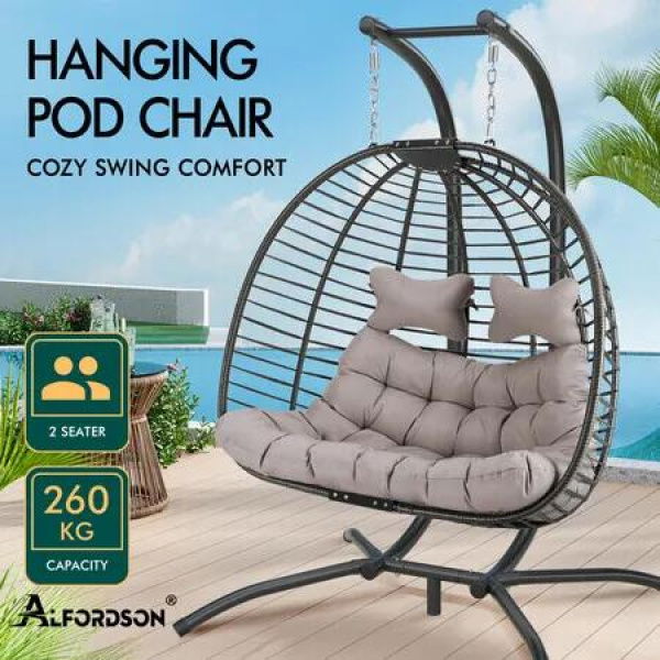 ALFORDSON Outdoor 2 Seater Egg Chair Wicker Rattan Pod Hanging Swing Light Grey