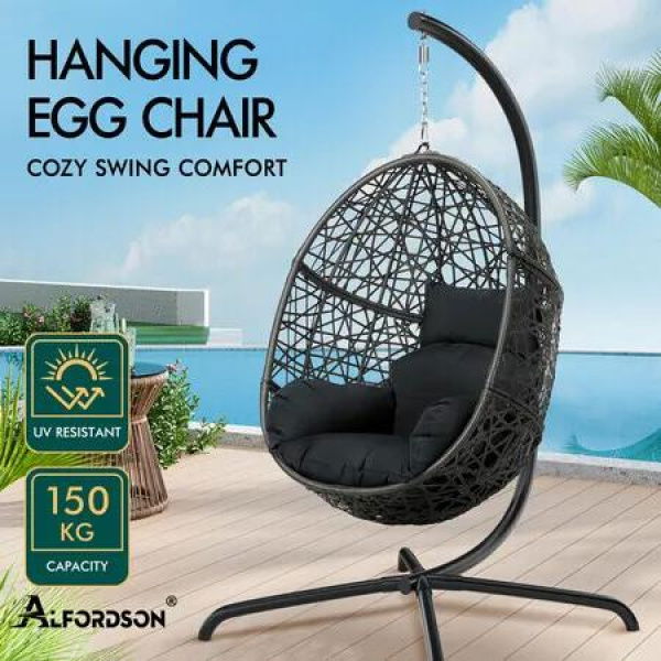 ALFORDSON Outdoor Egg Swing Chair Wicker Rattan Pod Basket Dark Grey