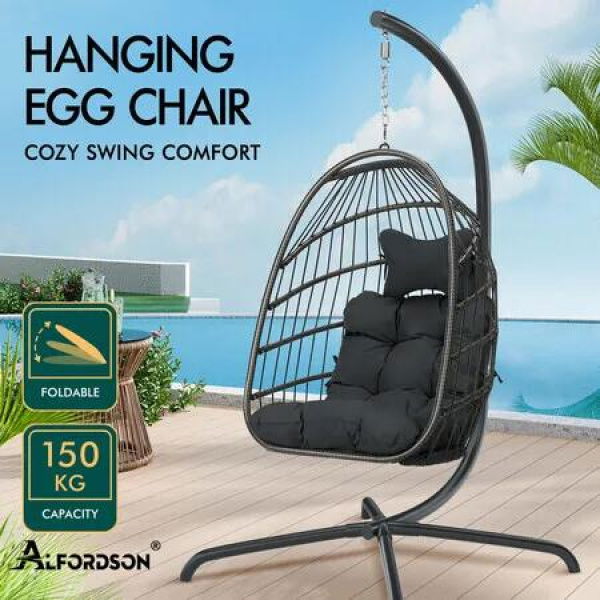 ALFORDSON Outdoor Egg Swing Chair Wicker Rattan Pod Foldable Seat Dark Grey