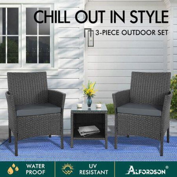 ALFORDSON Outdoor Furniture 3PCS Wicker Bistro Set Patio Chairs Table Dark Grey