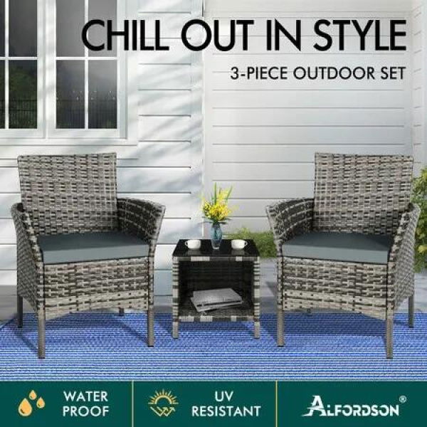 ALFORDSON Outdoor Furniture 3PCS Wicker Bistro Set Patio Chairs Table Mixed Grey