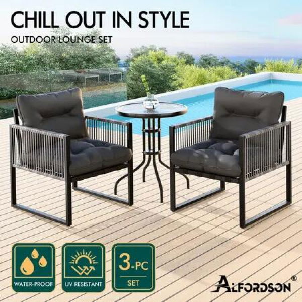 ALFORDSON Outdoor Furniture Patio Set Glass Side Table Lounge Chairs Garden