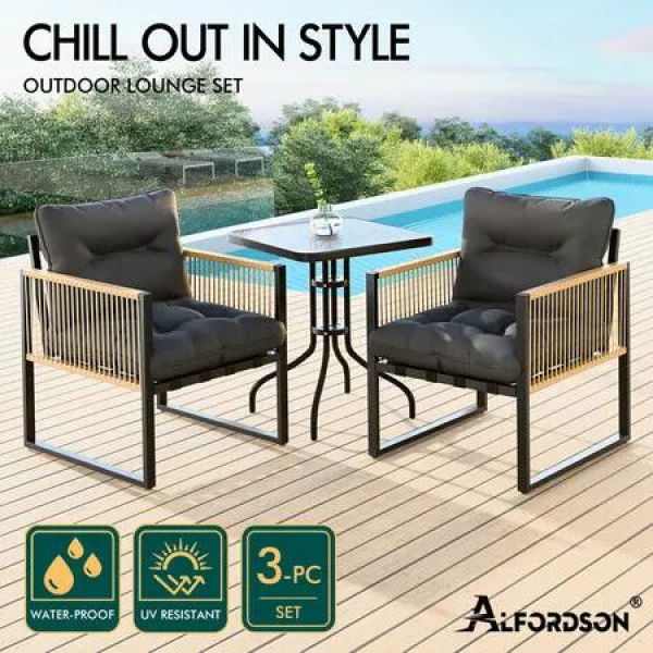 ALFORDSON Outdoor Furniture Set Patio Side Table Lounge Chair Glass Square Black