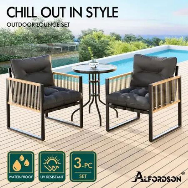 ALFORDSON Outdoor Furniture Set Patio Side Table Lounge Chair Glass Wicker Black