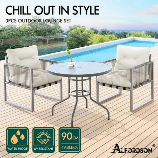 ALFORDSON Outdoor Glass Dining Table Lounge Chairs Patio Furniture Round Wicker