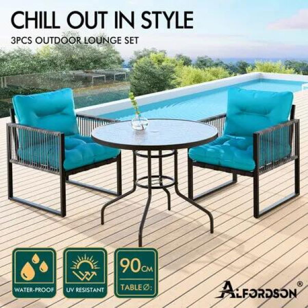 ALFORDSON Outdoor Lounge Set Table and Chairs Patio Furniture Glass Armchair