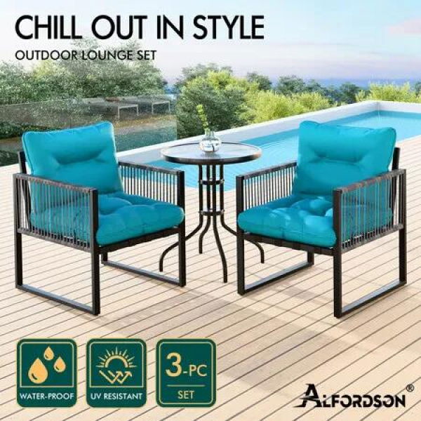 ALFORDSON Outdoor Patio Furniture Set Side Table Lounge Chairs Glass Armchair