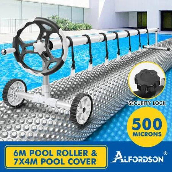 ALFORDSON Pool Cover 500 Micron Solar Blanket Swimming 6M Grey Roller 7X4M