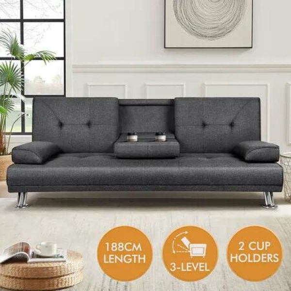 ALFORDSON Sofa Bed Lounge 3 Seater Futon Couch Beds Cup Holder Fabric Grey