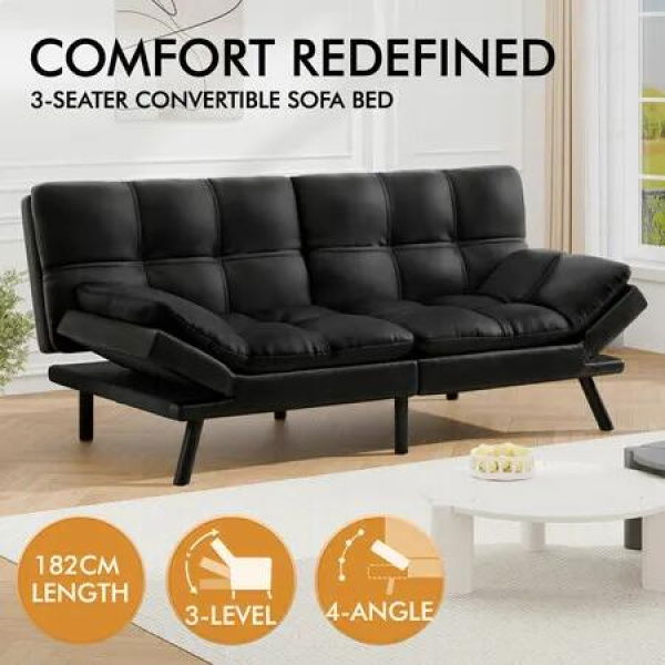 ALFORDSON Sofa Bed Recliner Lounge Futon Couch 3 Seater Convertible Leather Black