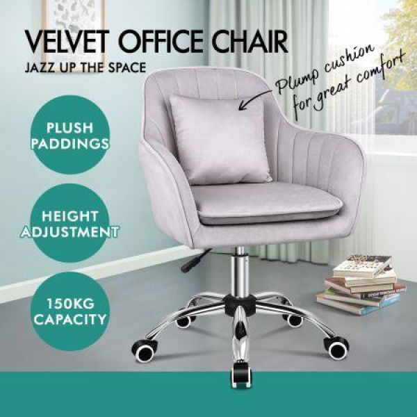 ALFORDSON Velvet Office Chair Computer Desk Chairs Swivel Armchair Work Seat Light Grey Adult Kids