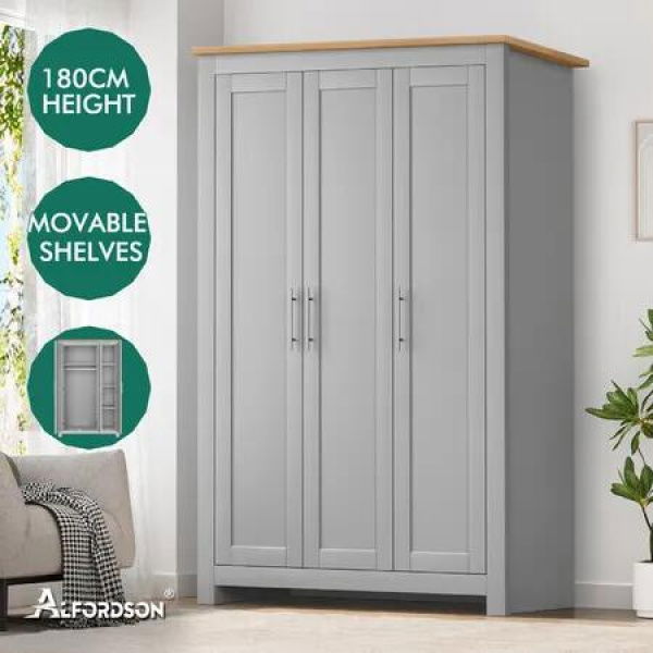 ALFORDSON Wardrobe Clothes Closet Storage Cabinet Organizer Shelf Hanging Grey