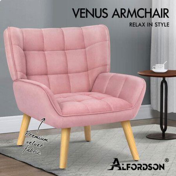 ALFORDSON Wooden Armchair Accent Chair Lounge Sofa Couch Velvet Tub Seat Pink