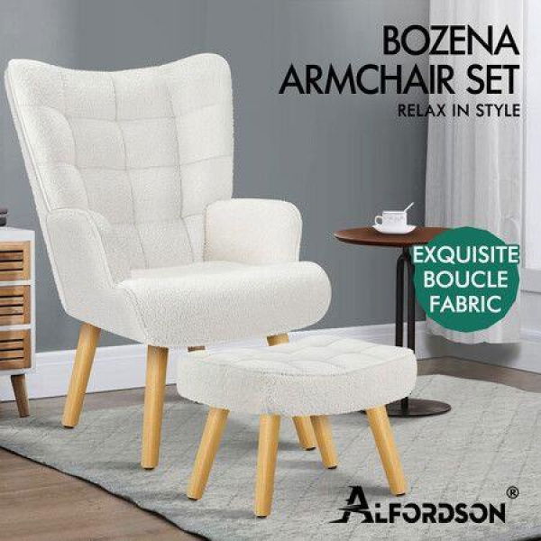 ALFORDSON Wooden Armchair Accent Chair Lounge Sofa Ottoman Couch Boucle White