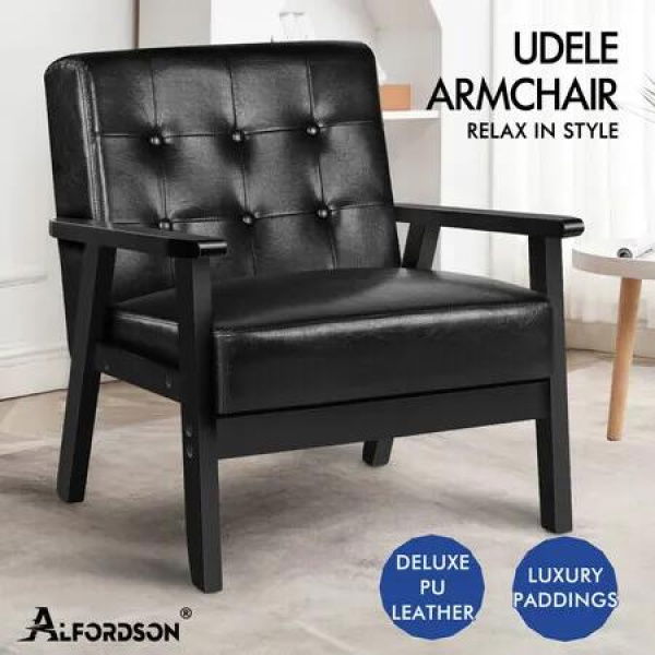 ALFORDSON Wooden Armchair Accent Lounge Chair PU Leather Seat Sofa Couch Black